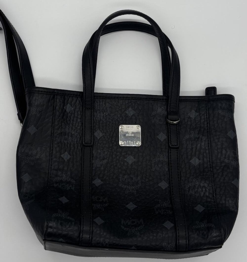 MCM Women’s Black Monogram Tote Bag Zip, Adjustable Shoulder Strap, Silver